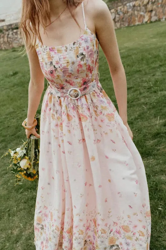 Lilac Handpainted Floral Smocked Belted Strap Dress in Silk Linen Organza made by Fabrique
