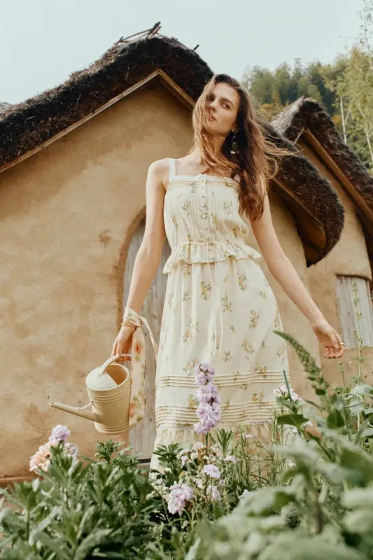 Sylvia Floral Lace Trim Layered Sleeveless Cami Dress in Linen Blend made by Fabrique