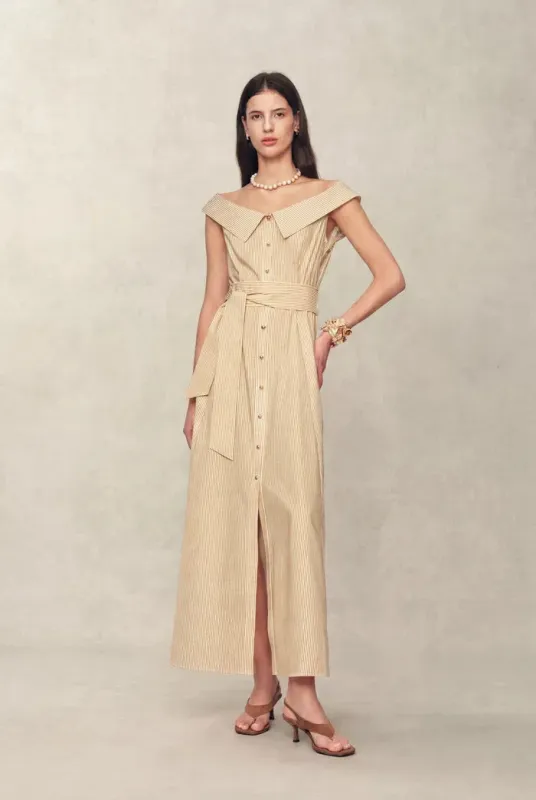 Claudia Striped Off Shoulder Collared Belted Sleeveless Shirt Dress in Cotton made by Fabrique