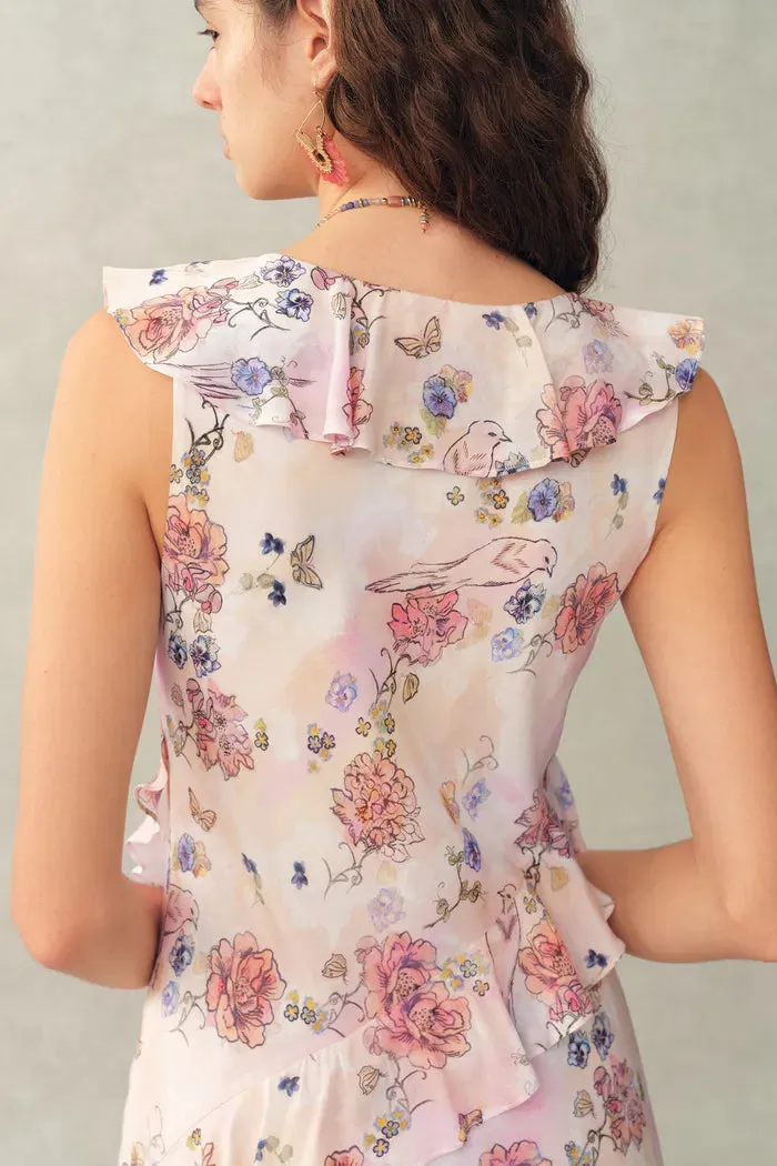 Alice Handpainted Floral Bias Cut Ruffed Sleeveless Dress in Crinkle Gauze sold by Fabrique product image thumbnail 5