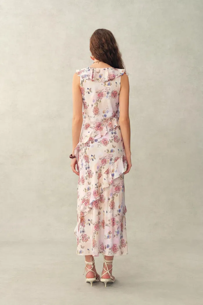 Alice Handpainted Floral Bias Cut Ruffed Sleeveless Dress in Crinkle Gauze sold by Fabrique product image thumbnail 2