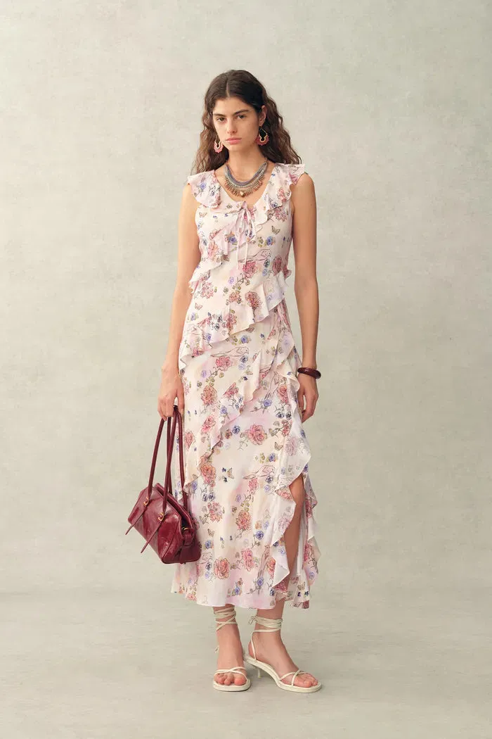 Alice Handpainted Floral Bias Cut Ruffed Sleeveless Dress in Crinkle Gauze sold by Fabrique product image thumbnail 3