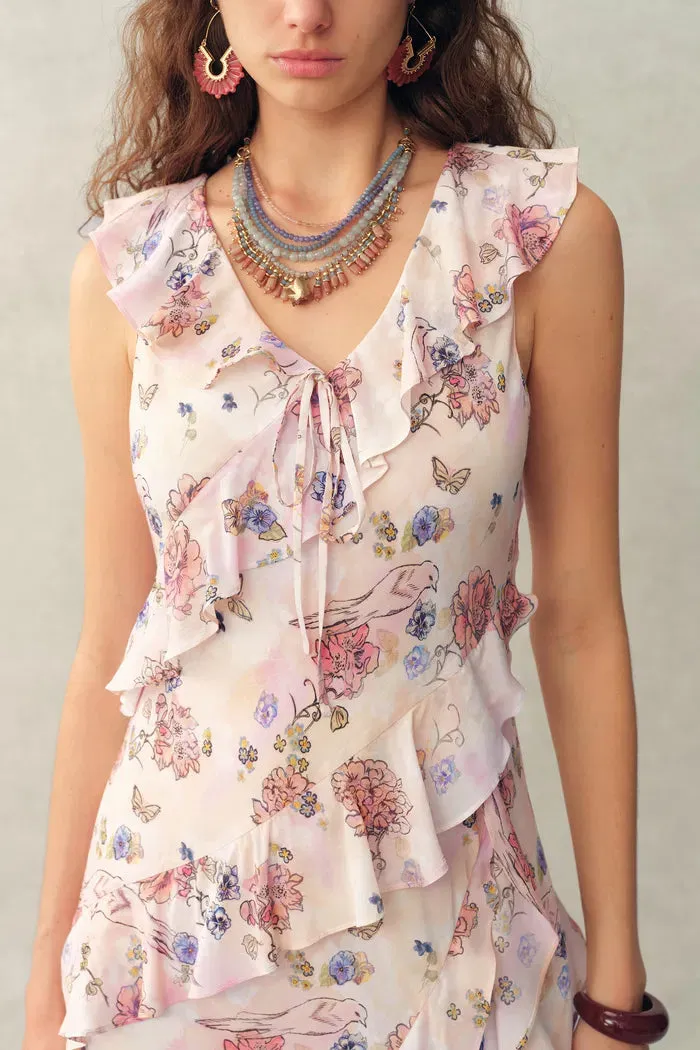 Alice Handpainted Floral Bias Cut Ruffed Sleeveless Dress in Crinkle Gauze sold by Fabrique product image thumbnail 4