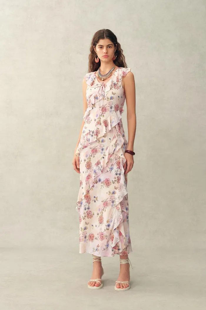 Alice Handpainted Floral Bias Cut Ruffed Sleeveless Dress in Crinkle Gauze sold by Fabrique