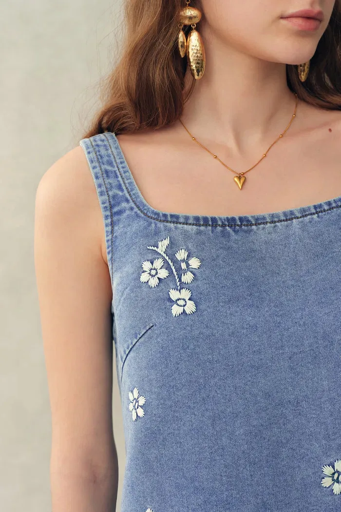 Lulia Floral Embroidery Square Neck Sleeveless Dress in Lightweight Denim sold by Fabrique product image thumbnail 4