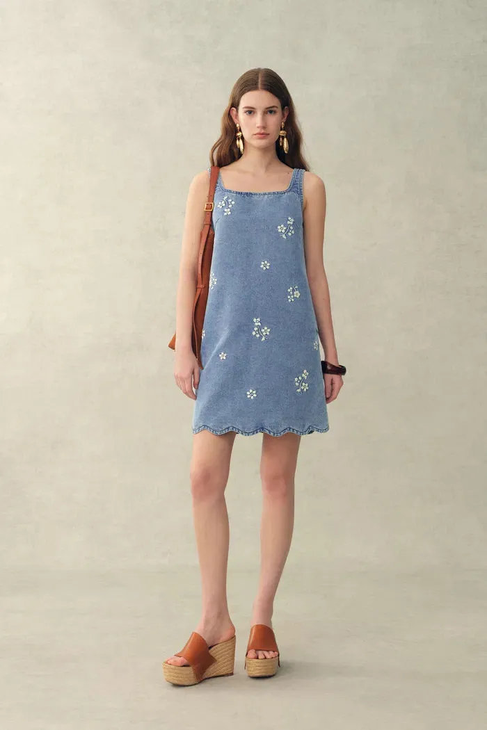 Lulia Floral Embroidery Square Neck Sleeveless Dress in Lightweight Denim sold by Fabrique