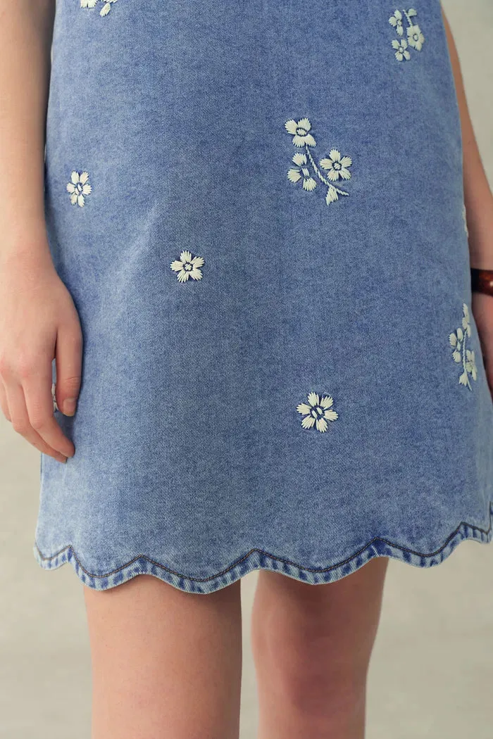 Lulia Floral Embroidery Square Neck Sleeveless Dress in Lightweight Denim sold by Fabrique product image thumbnail 5