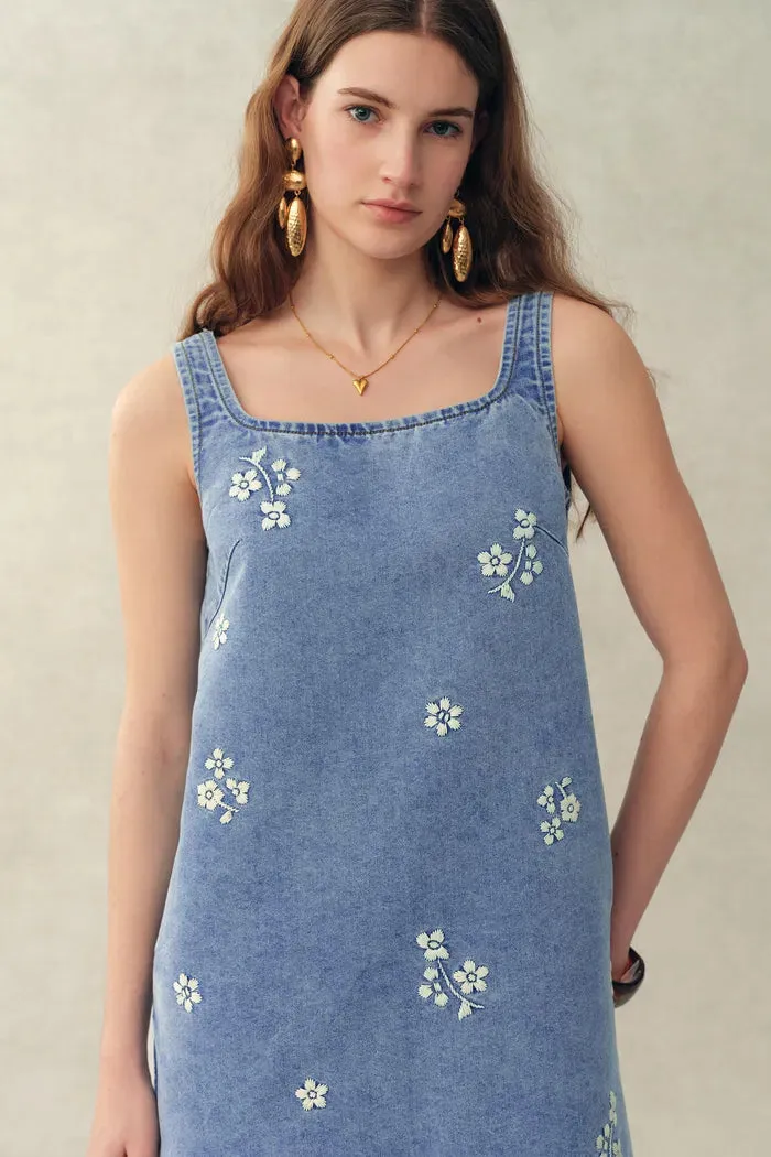 Lulia Floral Embroidery Square Neck Sleeveless Dress in Lightweight Denim sold by Fabrique product image thumbnail 3