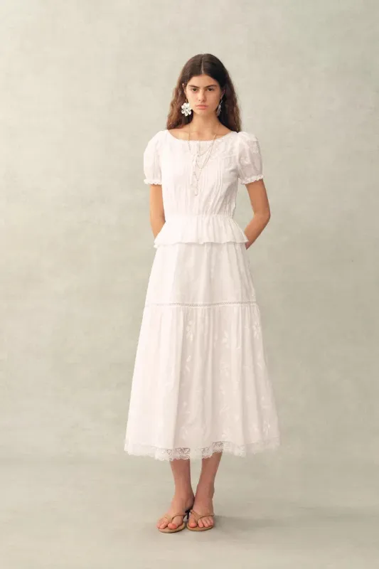 Elise Lace Embroidered Puff Sleeve Waist Cinched Dress in Cotton Jacquard made by Fabrique