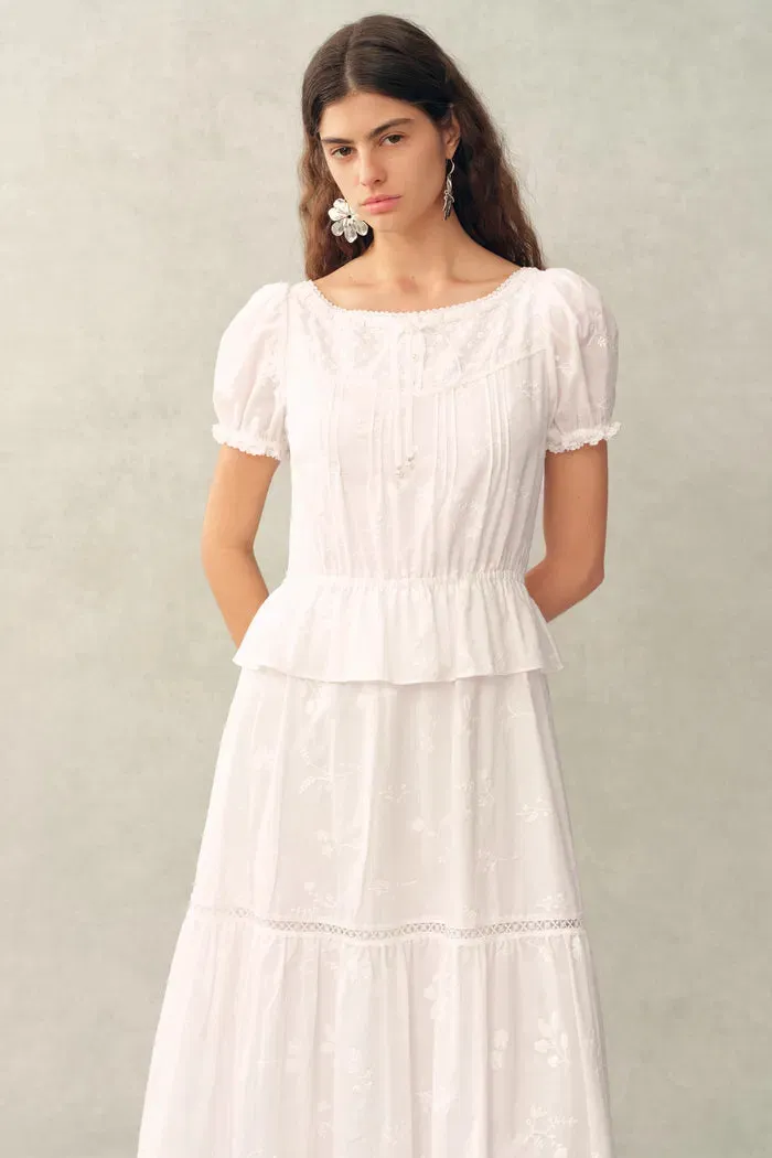 Elise Lace Embroidered Puff Sleeve Waist Cinched Dress in Cotton Jacquard sold by Fabrique product image thumbnail 3