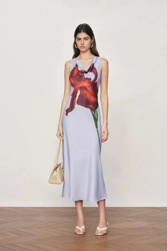 Cersei Iris Print Cowl Neck Sleeveless Dress in Soft Satin sold by Fabrique