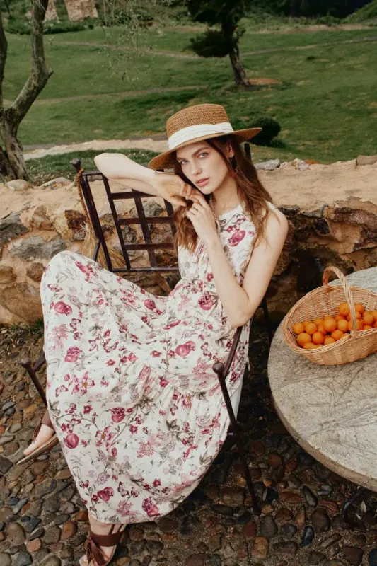 Liana Printed Pomegranate Floral Tiered Dress in Linen Blend made by Fabrique