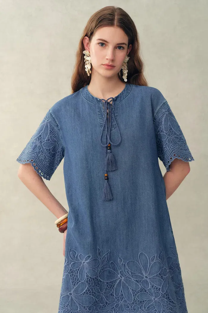 Kate Floral Lace Embroidery Short Dress in Lightweight Tencel-Cotton Denim sold by Fabrique product image thumbnail 4