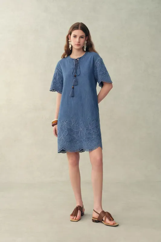 Kate Floral Lace Embroidery Short Dress in Lightweight Tencel-Cotton Denim made by Fabrique