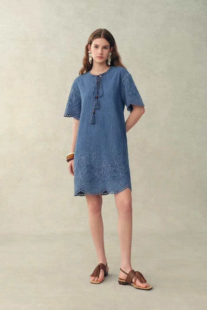 Kate Floral Lace Embroidery Short Dress in Lightweight Tencel-Cotton Denim sold by Fabrique