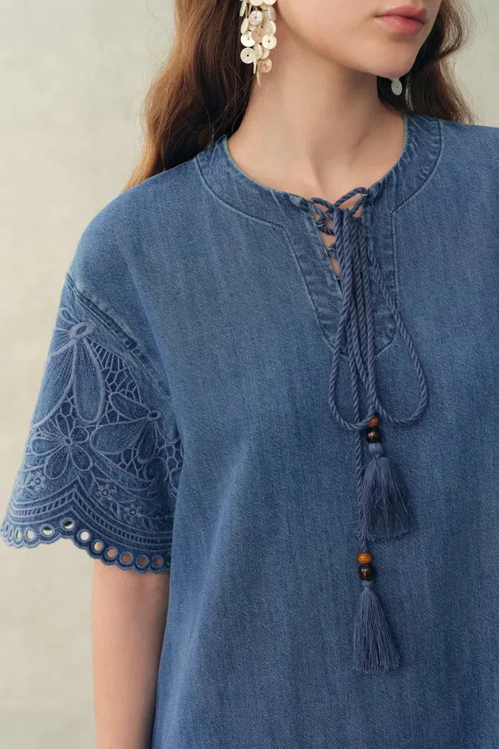 Kate Floral Lace Embroidery Short Dress in Lightweight Tencel-Cotton Denim sold by Fabrique product image thumbnail 5
