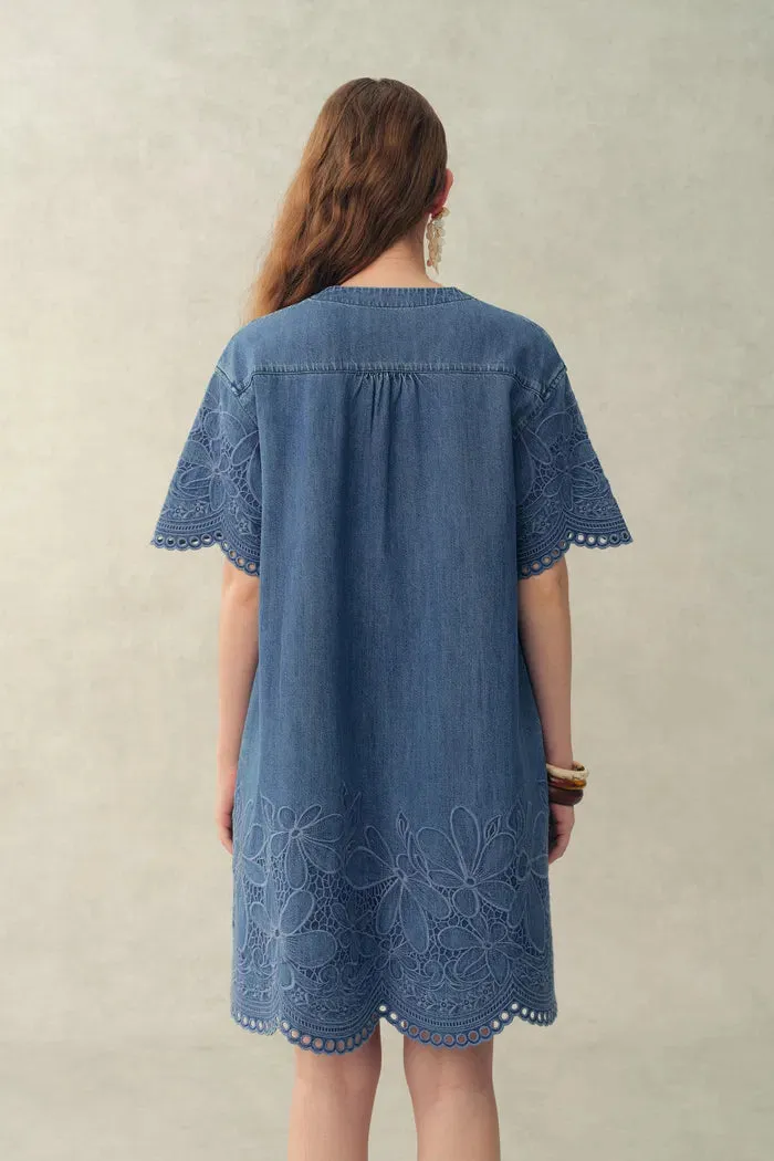 Kate Floral Lace Embroidery Short Dress in Lightweight Tencel-Cotton Denim sold by Fabrique product image thumbnail 2