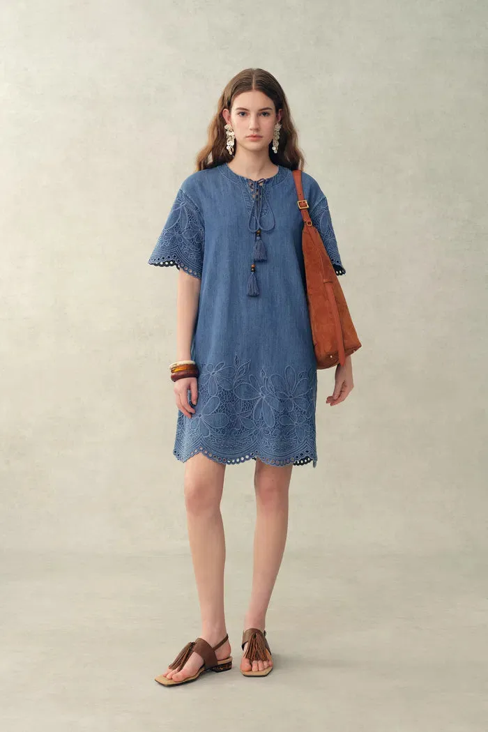 Kate Floral Lace Embroidery Short Dress in Lightweight Tencel-Cotton Denim sold by Fabrique product image thumbnail 3
