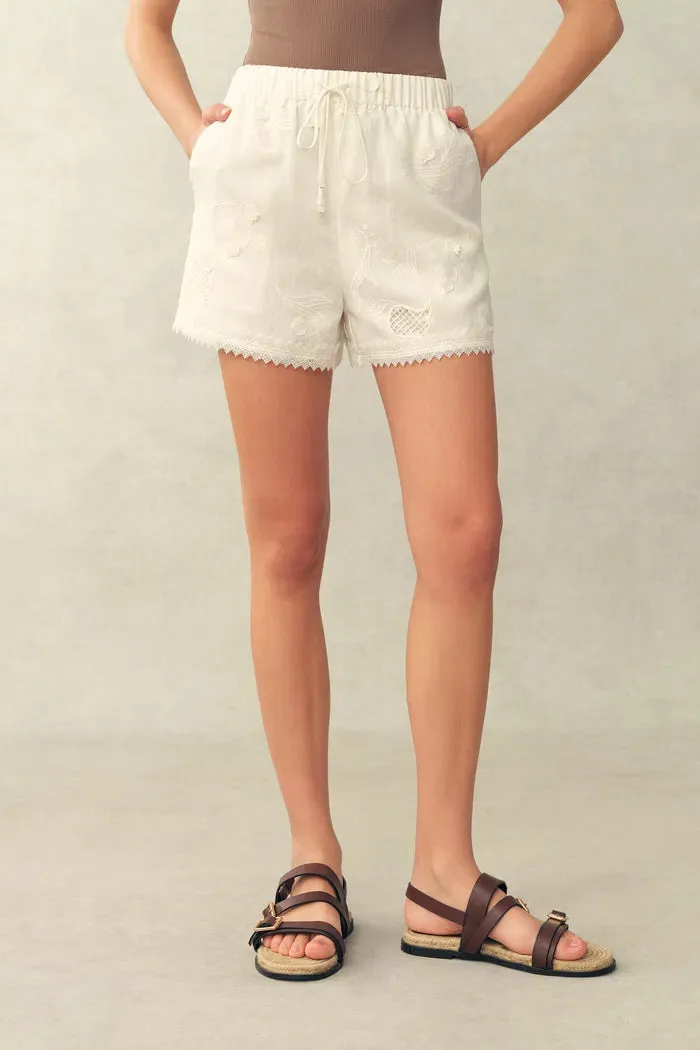 Jill Mesh Embroidered Shorts in Silk Linen Blend sold by Fabrique