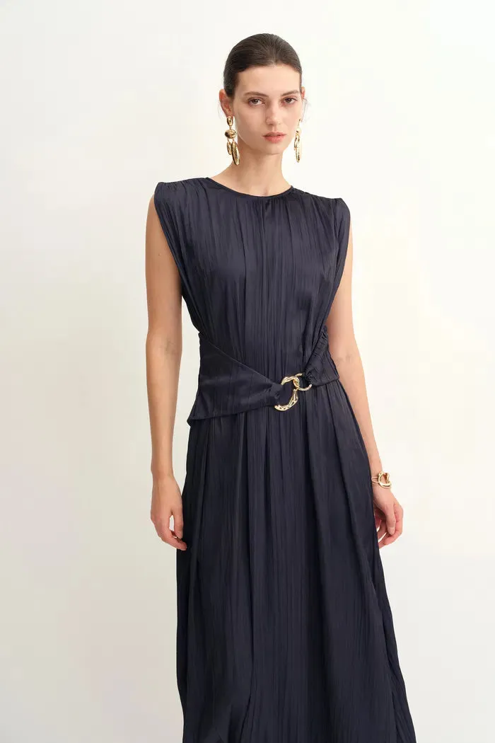 Celeste Sleeveless Navy Dress in Pleated Satin sold by Fabrique product image thumbnail 4