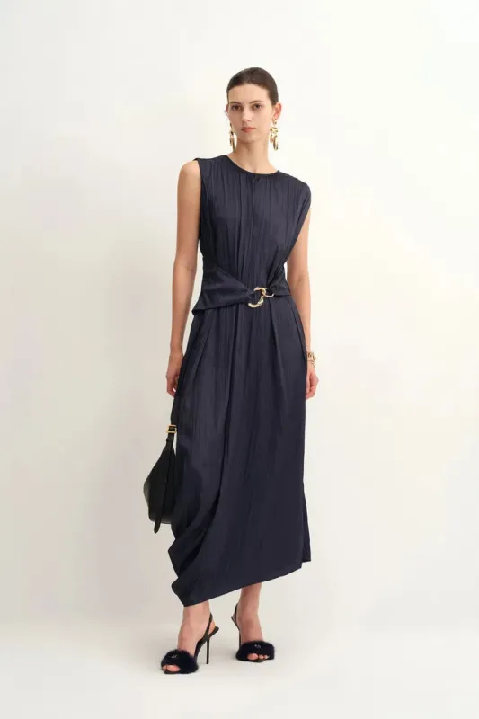 Celeste Sleeveless Navy Dress in Pleated Satin made by Fabrique