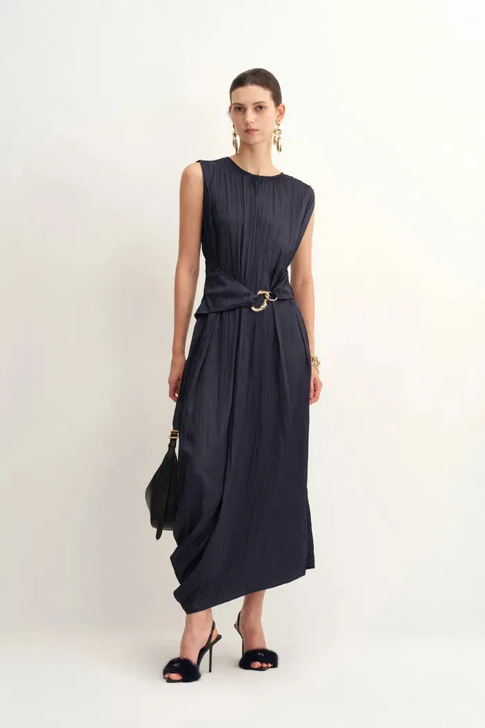 Celeste Sleeveless Navy Dress in Pleated Satin sold by Fabrique