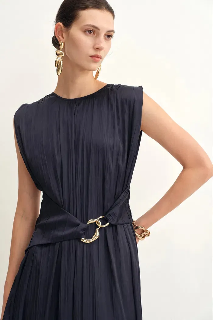 Celeste Sleeveless Navy Dress in Pleated Satin sold by Fabrique product image thumbnail 5