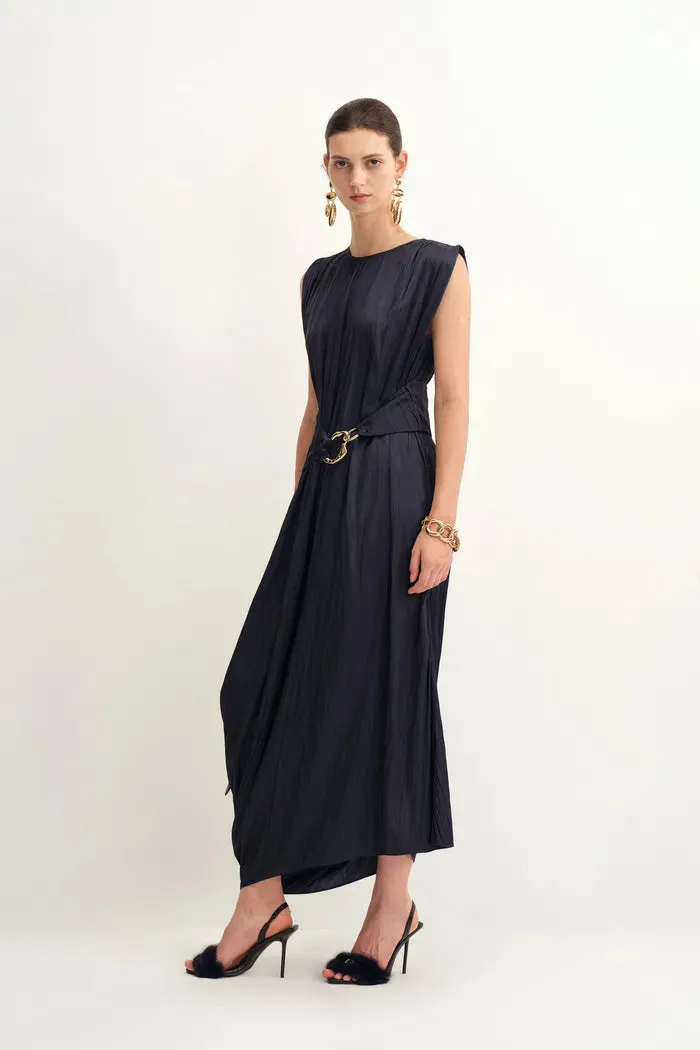 Celeste Sleeveless Navy Dress in Pleated Satin sold by Fabrique product image thumbnail 3