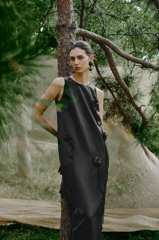 Eleanor Handcrafted Flora 3D Studded Sleeveless Dress in Silk-Wool Satin made by Fabrique