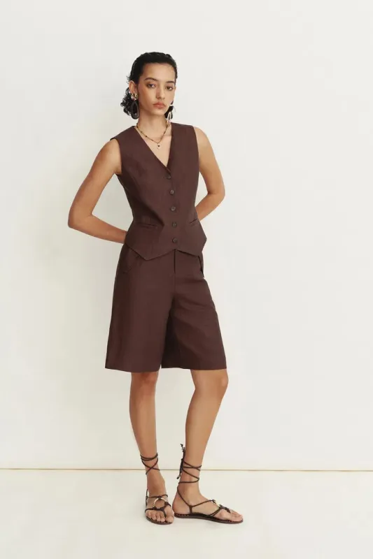 Evelyn Adjustable Belt Vest Top in Linen Herringbone made by Fabrique