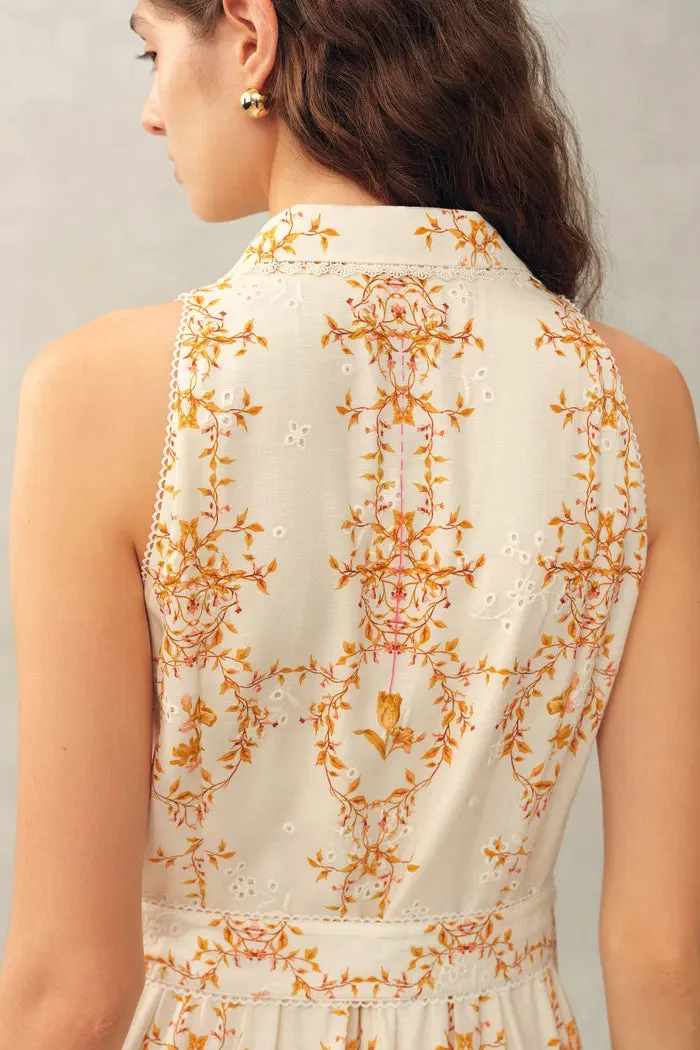 Wendy Floral Embroidery Belted Sleeveless Dress in Linen Blend sold by Fabrique product image thumbnail 5