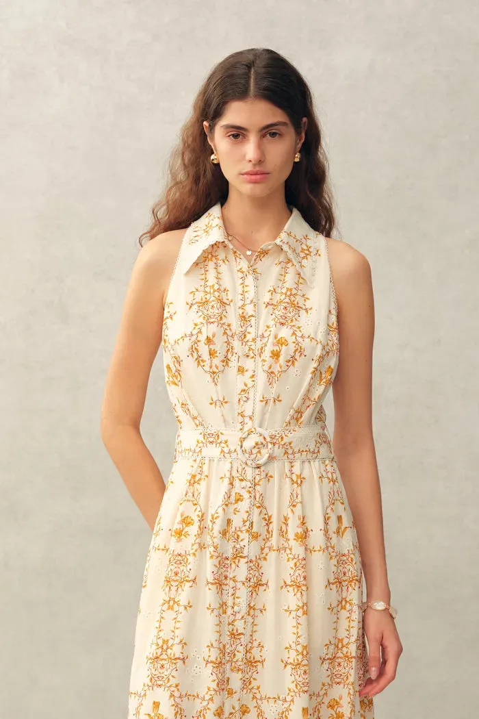 Wendy Floral Embroidery Belted Sleeveless Dress in Linen Blend sold by Fabrique product image thumbnail 3