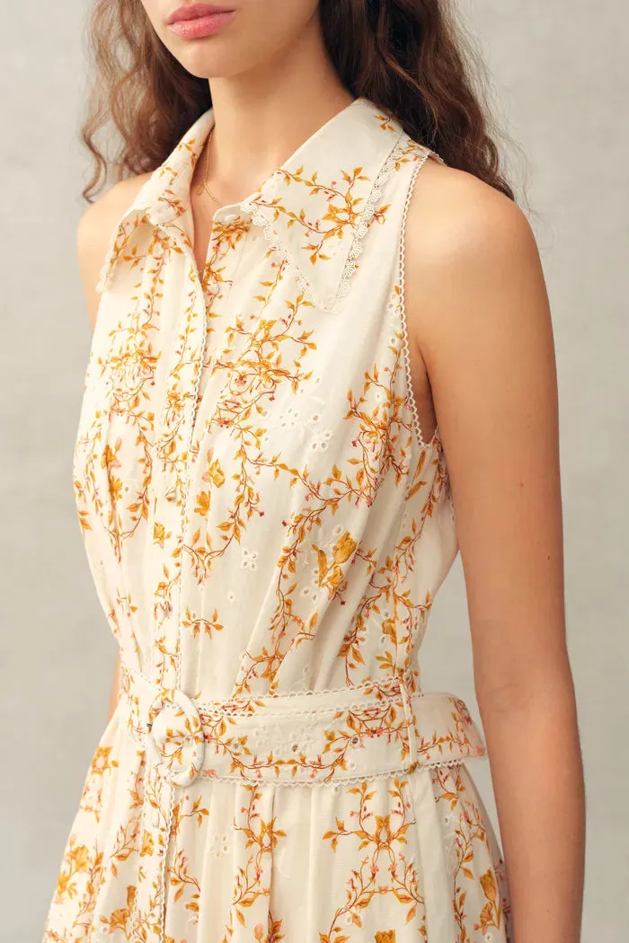 Wendy Floral Embroidery Belted Sleeveless Dress in Linen Blend sold by Fabrique product image thumbnail 4