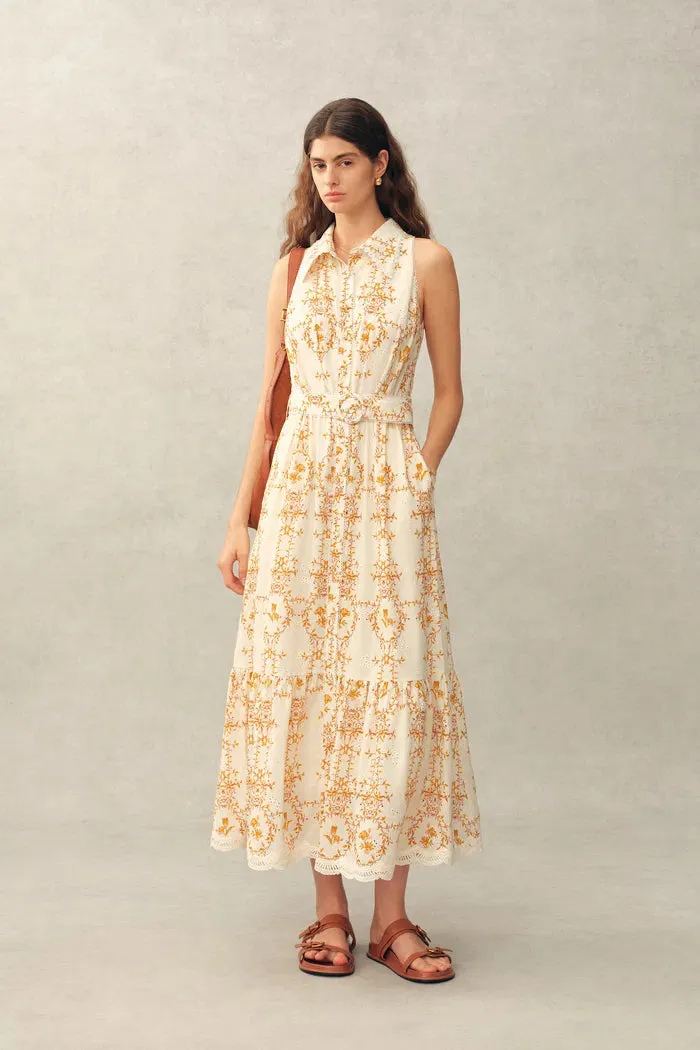 Wendy Floral Embroidery Belted Sleeveless Dress in Linen Blend sold by Fabrique