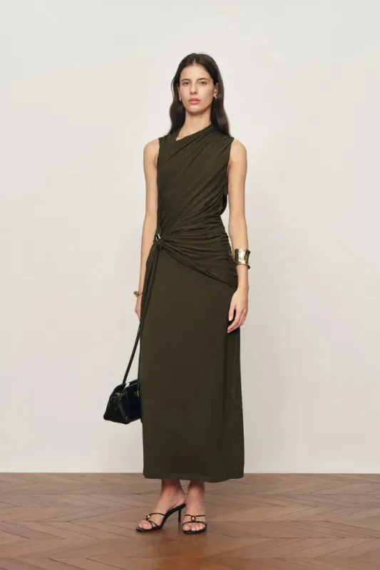 Delilah Olive Asymmetric Draped Sleeveless Dress in wool Blend Knit made by Fabrique
