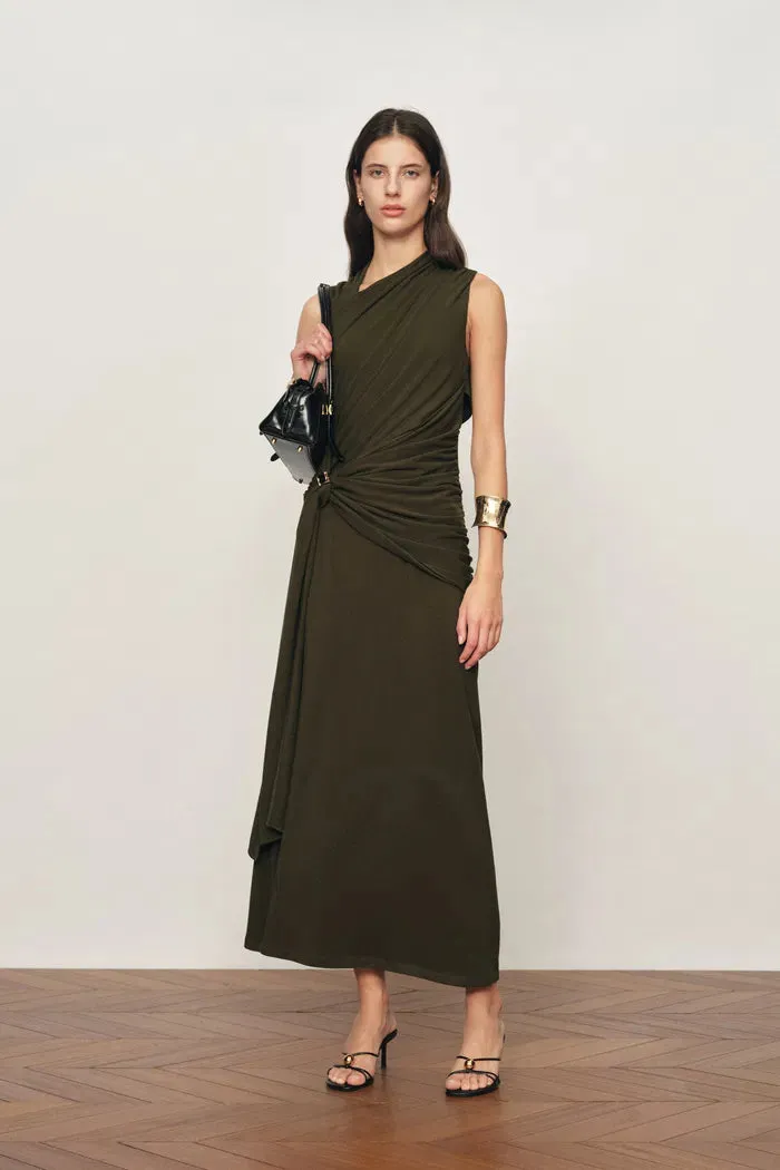 Delilah Olive Asymmetric Draped Sleeveless Dress in wool Blend Knit sold by Fabrique product image thumbnail 3