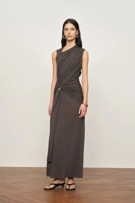 Delilah Gray Asymmetric Draped Sleeveless Dress in wool Blend Knit made by Fabrique