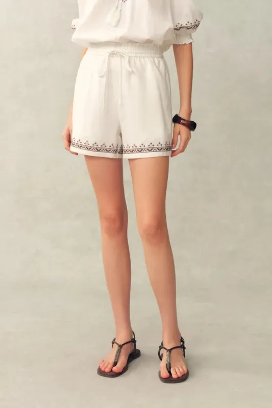 Becky Cross Stitch A Line Shorts in Linen Blend made by Fabrique