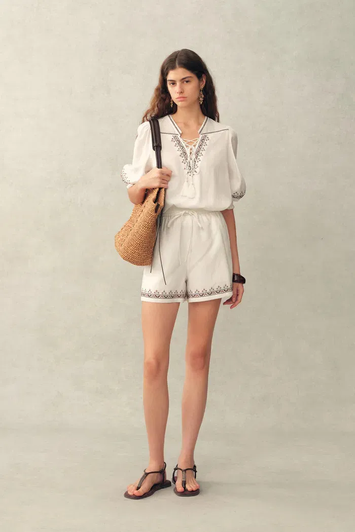 Becky Cross Stitch A Line Shorts in Linen Blend sold by Fabrique product image thumbnail 2