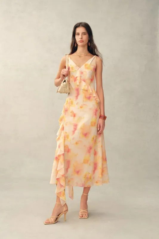 Linda Handpainted Floral Ruffle Sleeveless Dress in Lightweight Chiffon made by Fabrique