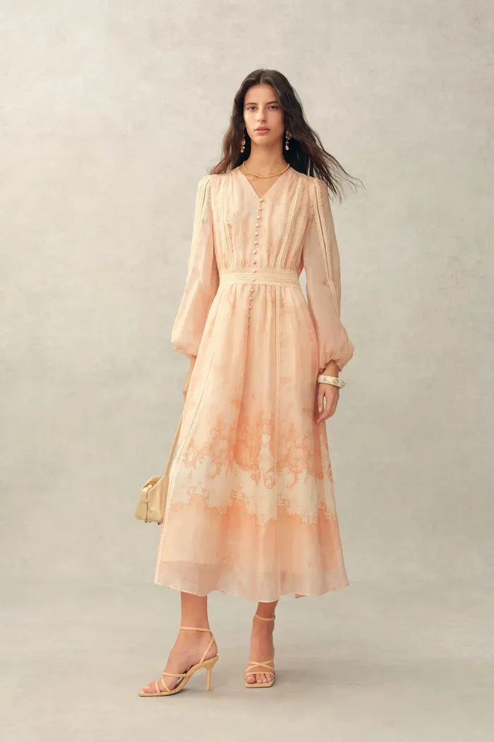 Anne Handpainted Floral Lace Dress in Silk Linen Organza sold by Fabrique