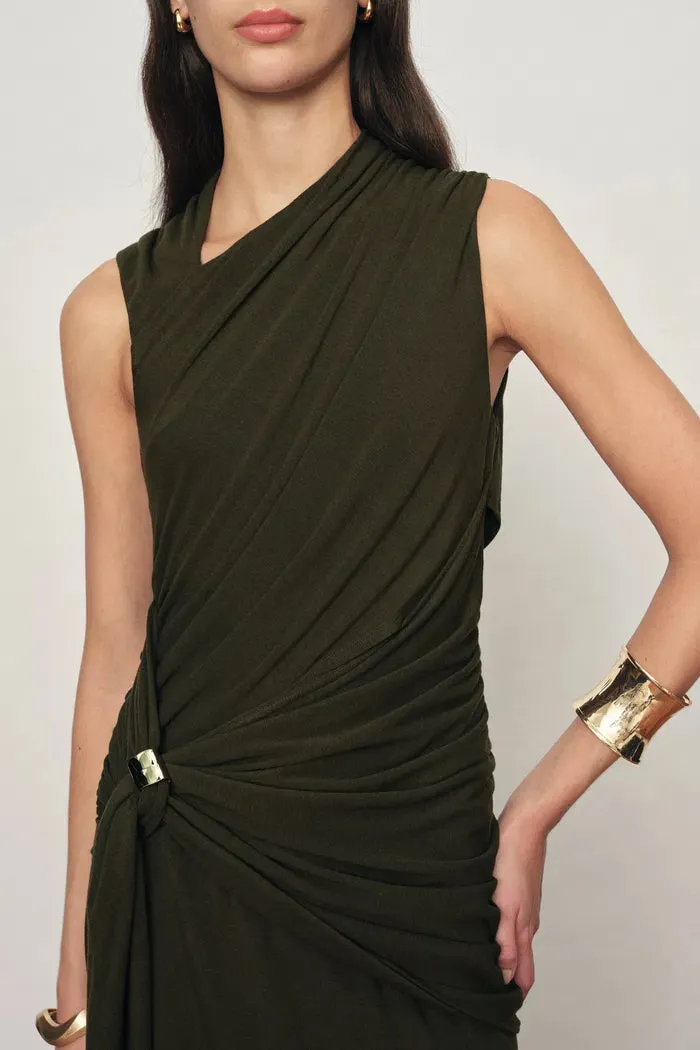 Delilah Olive Asymmetric Draped Sleeveless Dress in wool Blend Knit sold by Fabrique product image thumbnail 4
