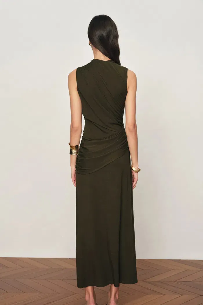 Delilah Olive Asymmetric Draped Sleeveless Dress in wool Blend Knit sold by Fabrique product image thumbnail 2