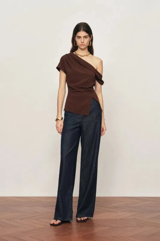 Hazel Asymmetric Ruched One Shoulder Side Slit Fitted Top in Triacetate Blend made by Fabrique