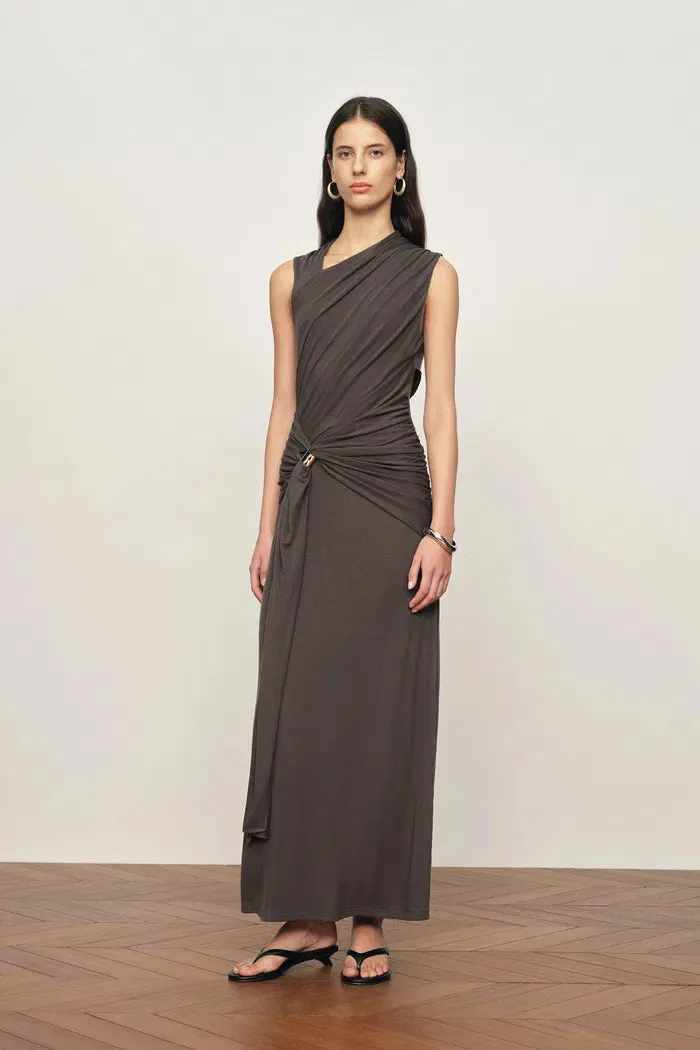 Delilah Gray Asymmetric Draped Sleeveless Dress in wool Blend Knit sold by Fabrique