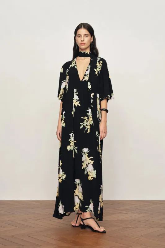 Aria Floral Tie Neck Elbow Sleeve Dress in Light Crinkle Gauze made by Fabrique