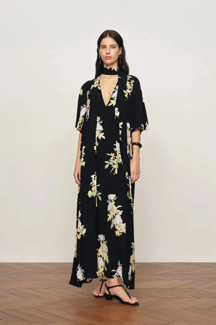 Aria Floral Tie Neck Elbow Sleeve Dress in Light Crinkle Gauze sold by Fabrique