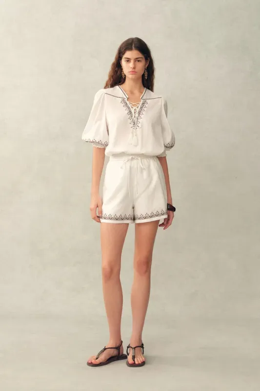 Becky Cross Stitch Tie Front Short Sleeve Shirt and Shorts Set in Linen Blend made by Fabrique