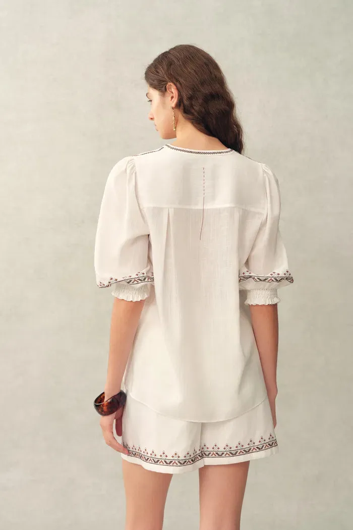 Becky Cross Stitch Tie Front Short Sleeve Shirt in Linen Blend sold by Fabrique product image thumbnail 4