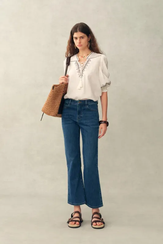 Becky Cross Stitch Tie Front Short Sleeve Shirt in Linen Blend made by Fabrique